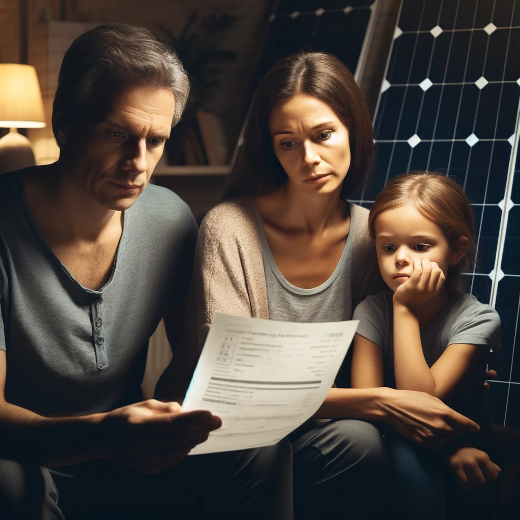 About Us 1 DALL·E 2025 01 29 16.25.06 A photo style image of a family sitting in their home before installing solar panels. The room is dimly lit and the family looks concerned about high