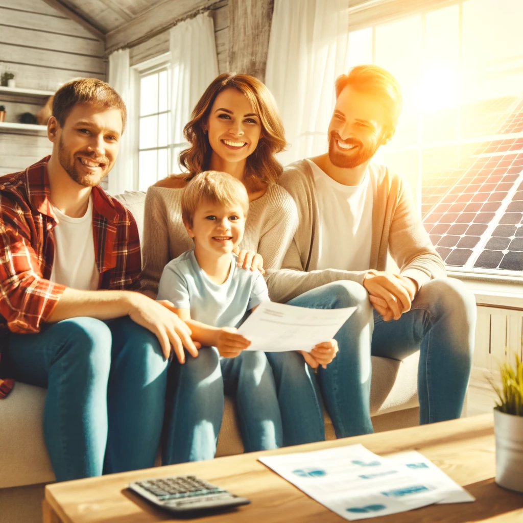 About Us 2 DALL·E 2025 01 29 16.25.08 A photo style image of a happy family sitting in their bright and well lit home after installing solar panels. The room is filled with natural sunligh
